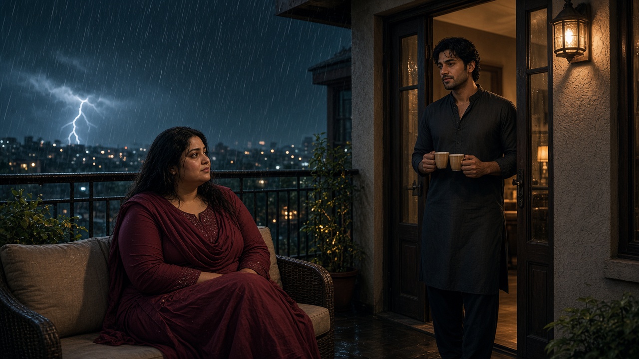 Baarish wali raat, balcony par sofa, 35 saal ki aurat aur 30 saal ka mard, peechhe barish aur sheher ki roshniyan