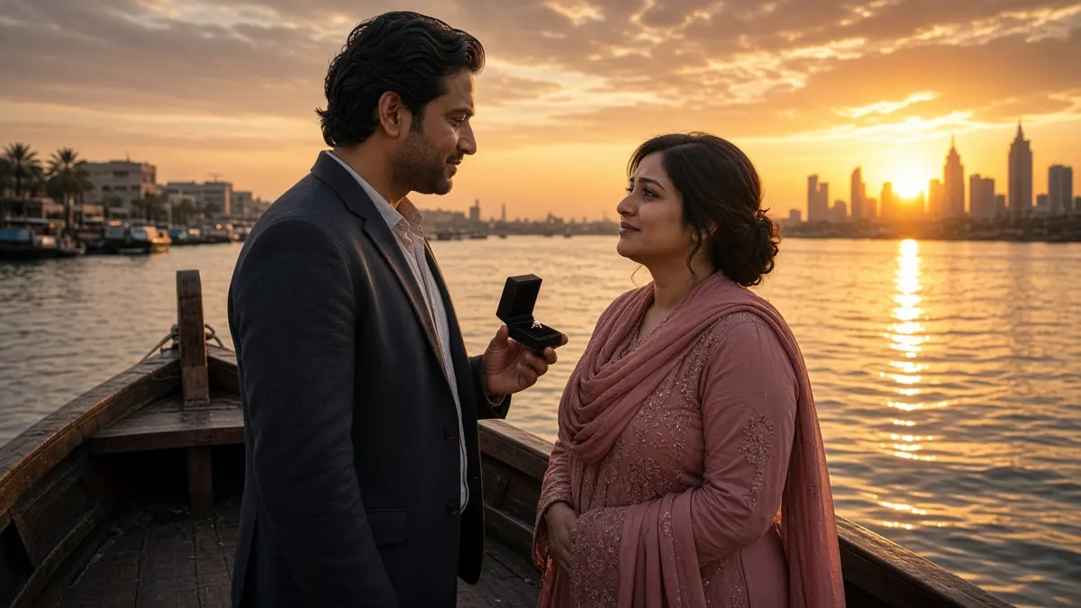 Man proposing with a ring to a woman in pink embroidered outfit on a wooden boat at sunset on Dubai Creek