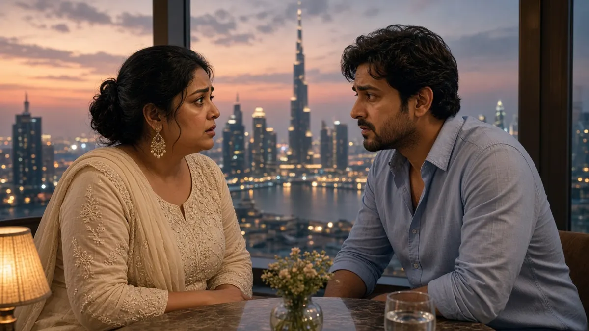 Couple talking seriously at a high-rise table overlooking the Dubai skyline and Burj Khalifa at dusk