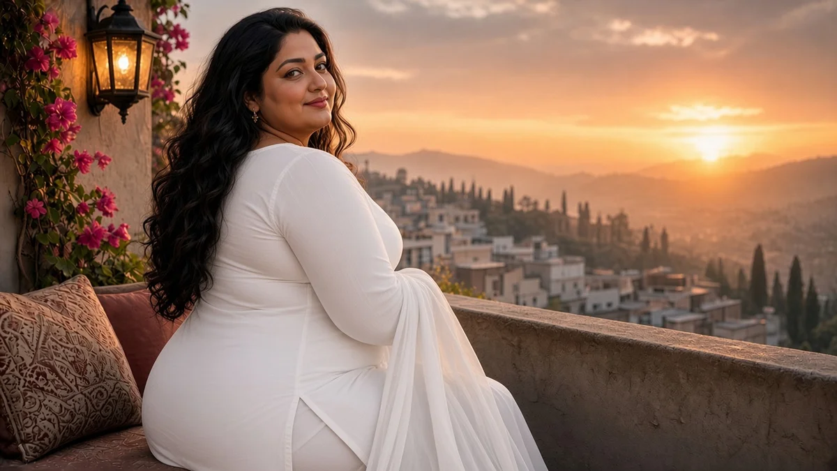 A woman in a black outfit standing alone on a rooftop at sunset, looking at the sky and missing her husband abroad