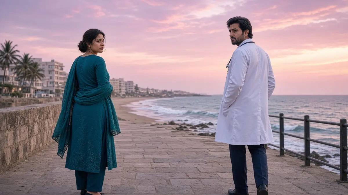 Woman in teal outfit and a doctor in a white coat looking back at each other on Clifton beach promenade at dusk