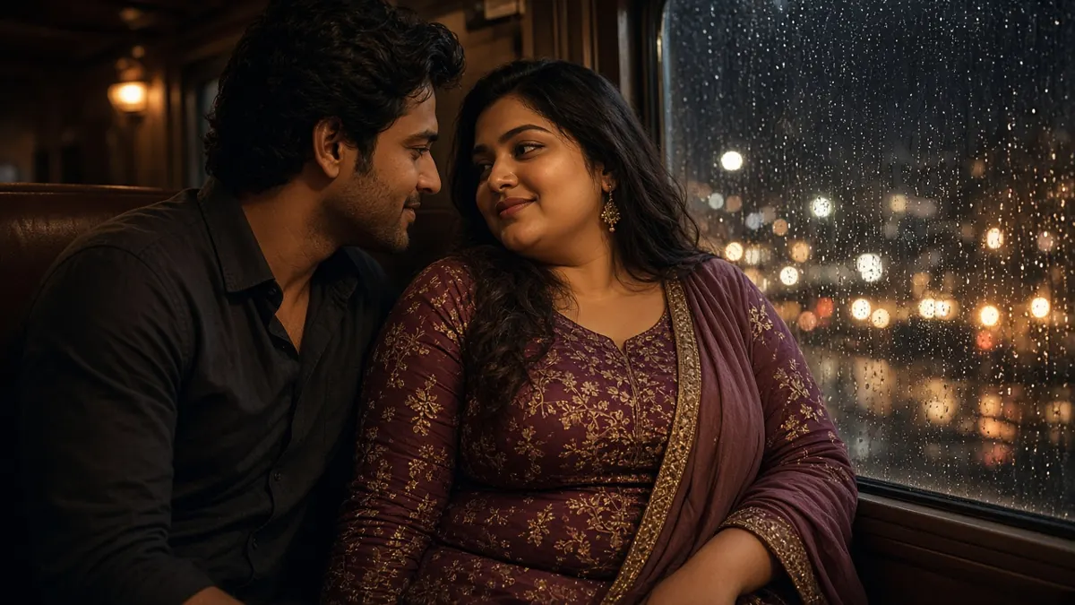 Couple talking closely on a night train seat, rain on the window and city lights glowing outside